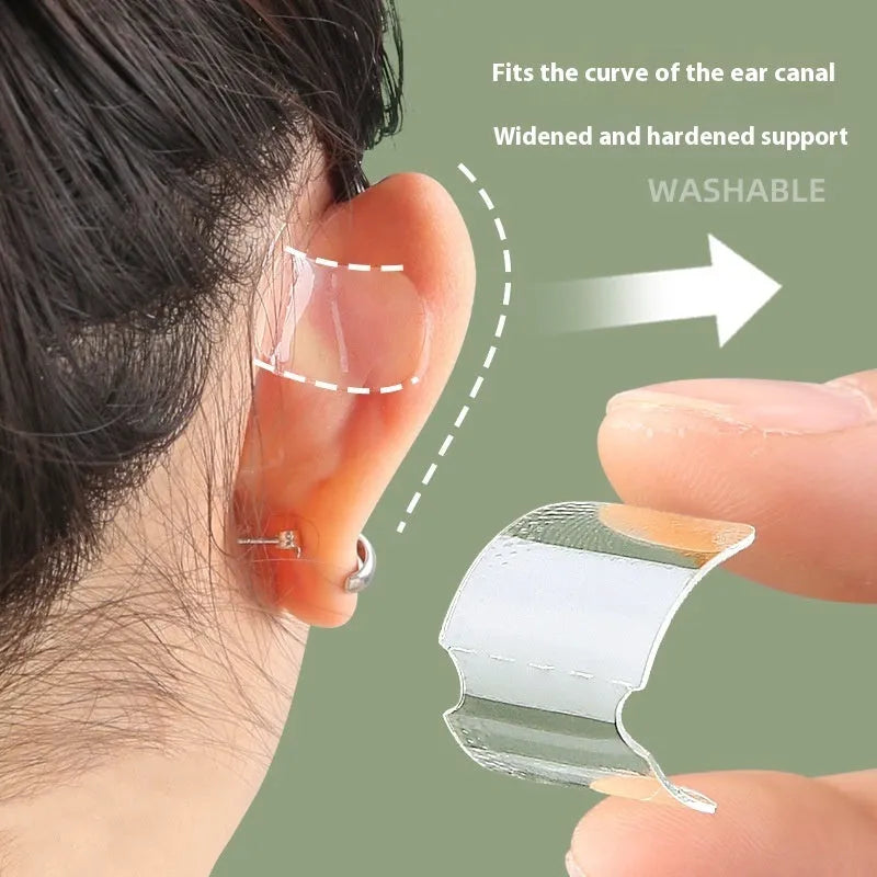 Transparent TPU ear support patches showing frosted and clear options with 0.1cm thickness