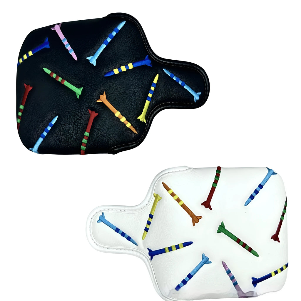 Square black golf putter protective sleeve with white rocket pattern design.