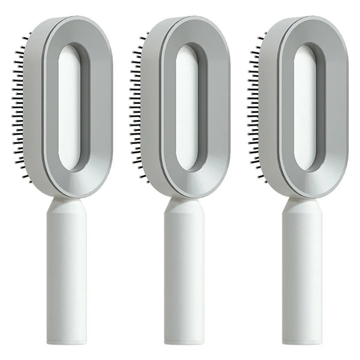 Self-cleaning air cushion hair brush in white, black gold, or black purple with ergonomic handle