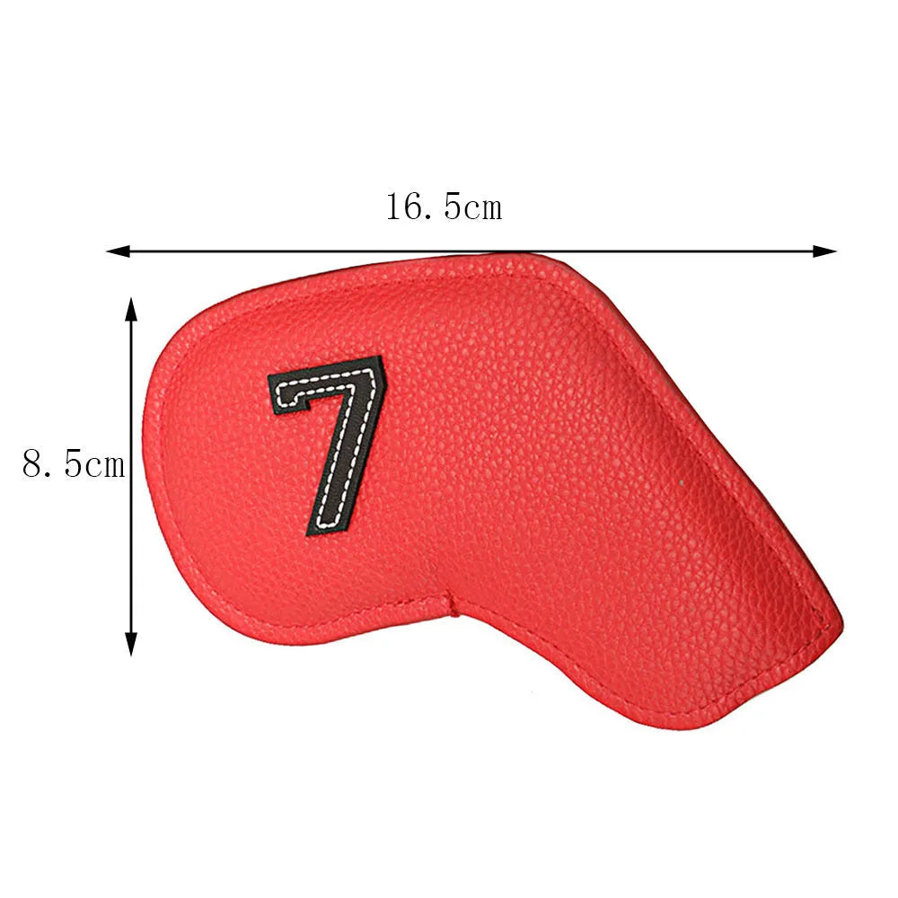 Set of 10 colourful PU leather golf club head covers with minimalist digital print designs.