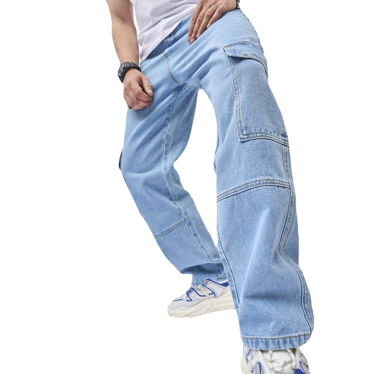Men's American style loose fit blue cotton jeans mid waist denim trousers