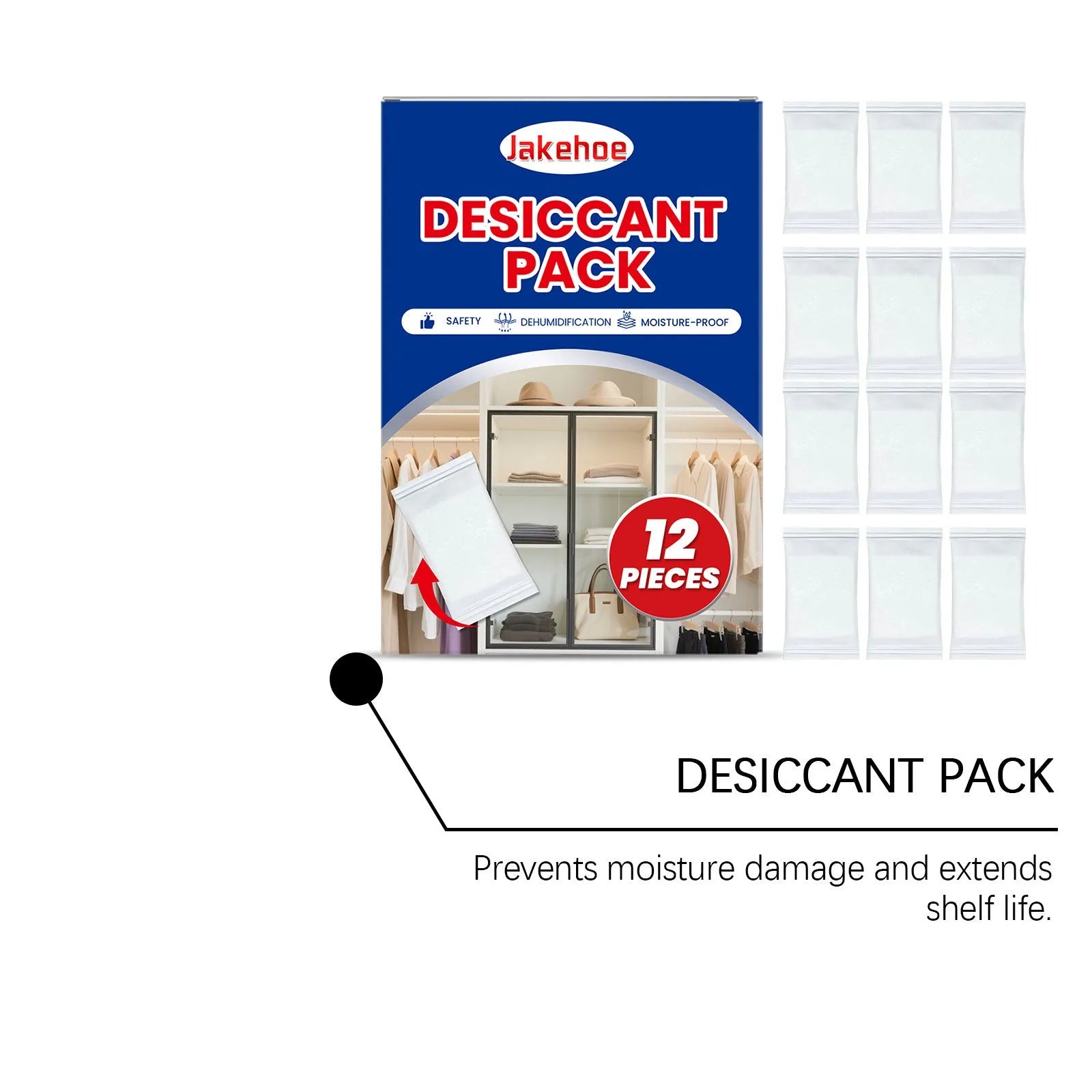 A pack of twelve white calcium chloride desiccant bags for absorbing moisture and preventing odours in wardrobes and cupboards.