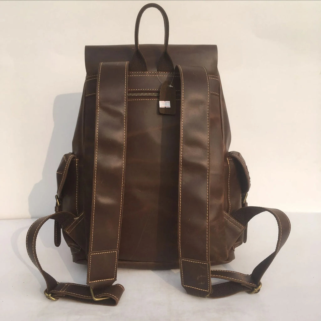 Brown men's genuine leather backpack with air pillow belt shoulder straps