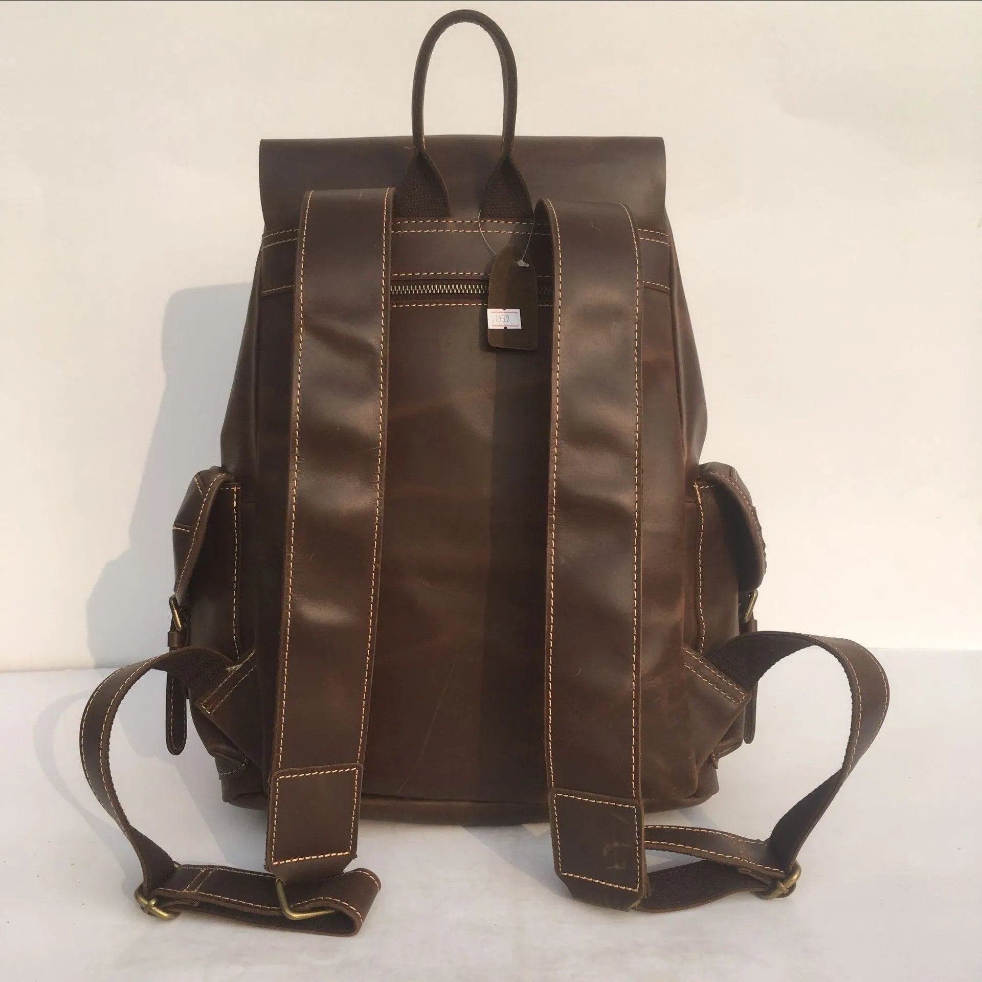 Brown men's genuine leather backpack with air pillow belt shoulder straps