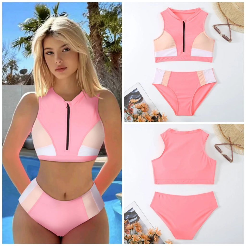 Pink high waist split bikini swimsuit with briefs design and mesh lining