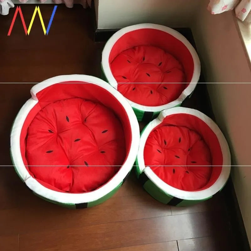 Orange pineapple trumpet pet bed in cloth, sizes S and L, with anti-slip bottom option for small pets.