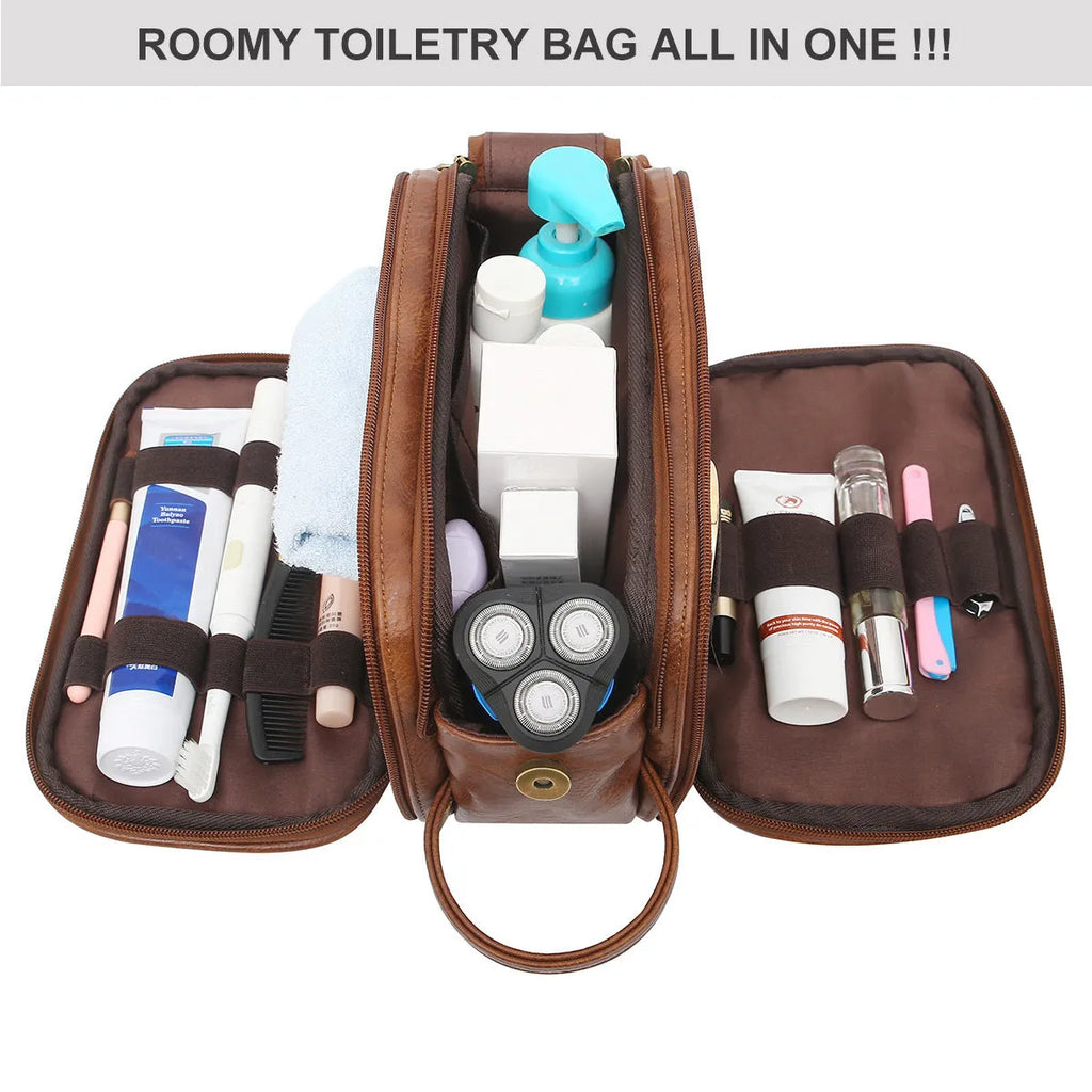 Black men's PU leather compact travel toilet bag for grooming storage.
