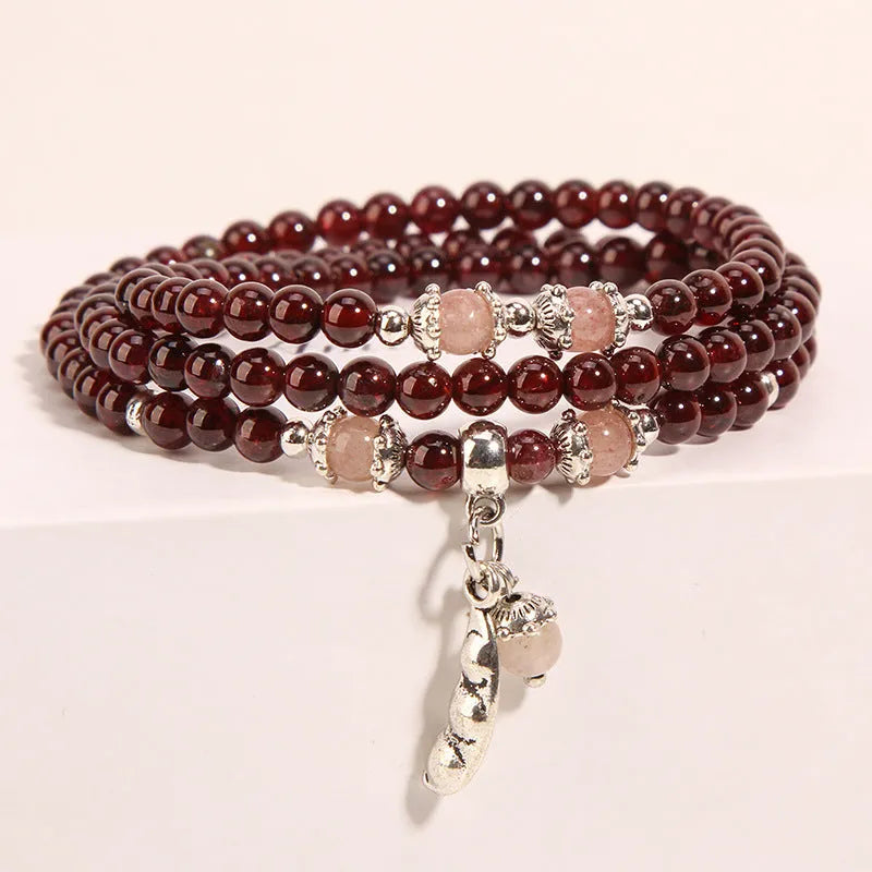 Wine red garnet crystal flower bracelet with bohemian ethnic styling for women