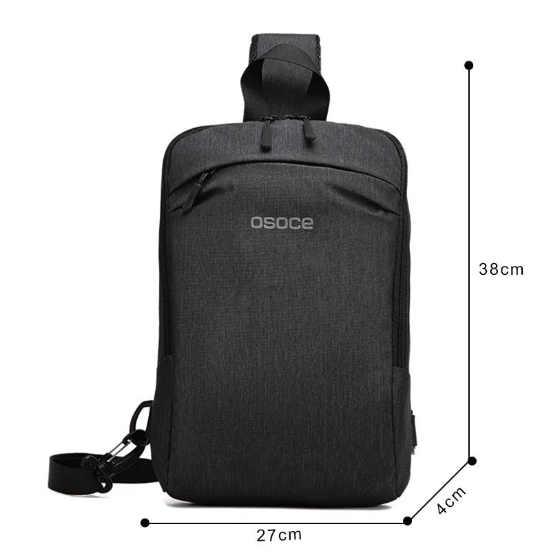 Men's Oxford cloth chest bag with zipper closure, embossed pattern, and car suture detailing in black 21x8x32cm