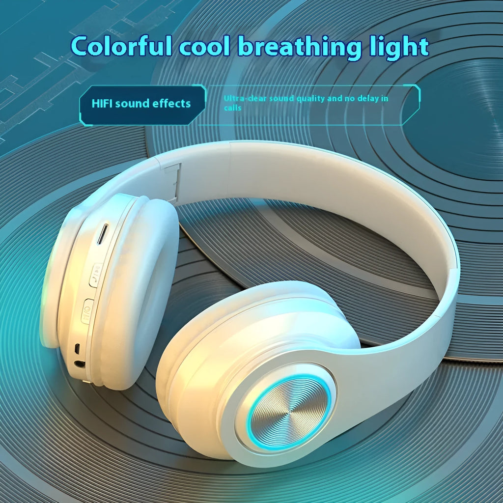Black wireless Bluetooth gaming headset with head-mounted design and microphone.
