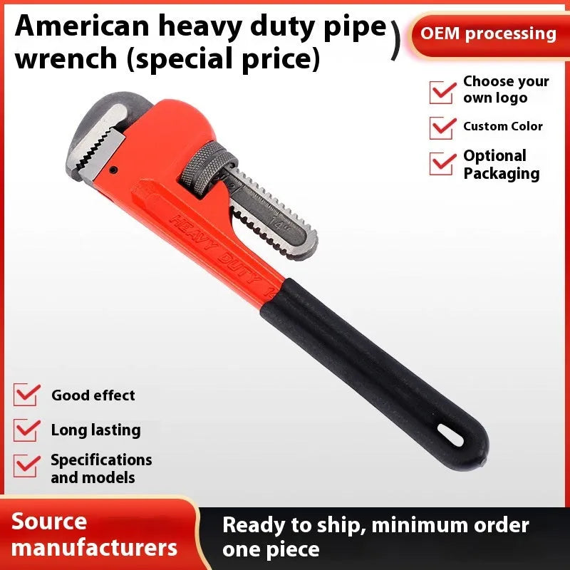 Heavy pipe tongs 45# steel water pipe pliers with black handle and silver jaw on white background