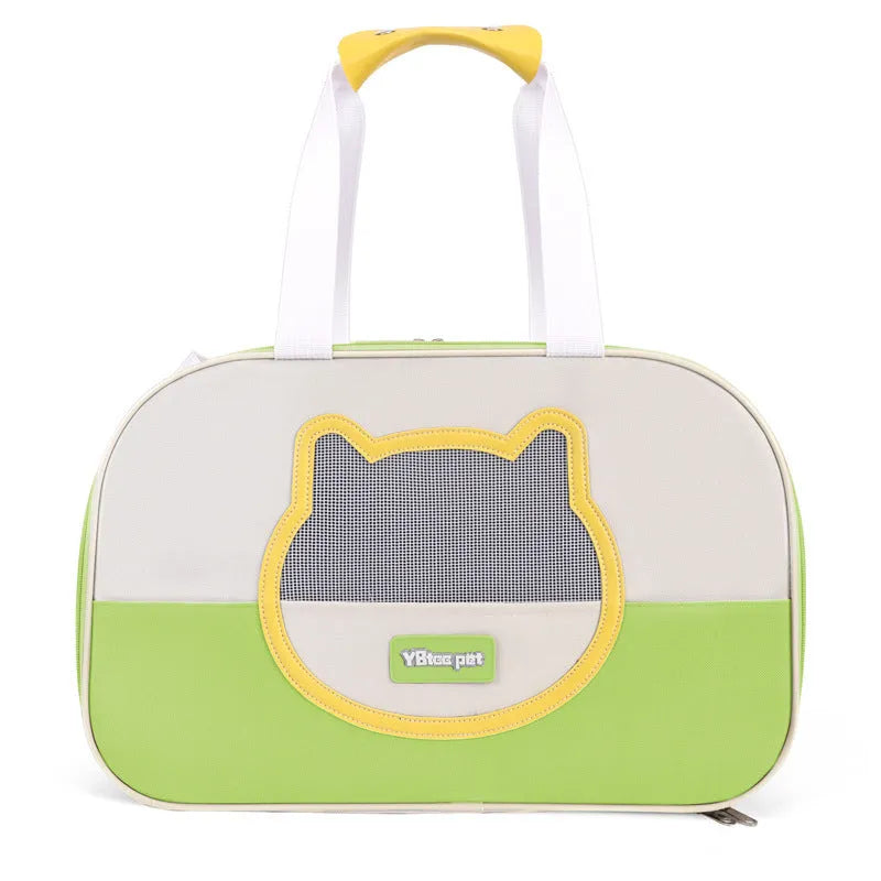 Blue foldable cat carrier backpack showing side view and shoulder straps.