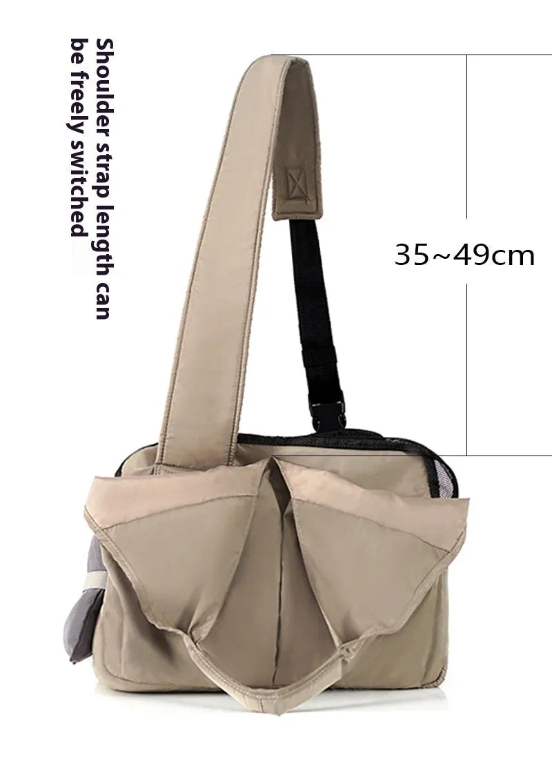 Apricot cloth pet carrier handbag for small dogs or cats, showing handle and breathable fabric.
