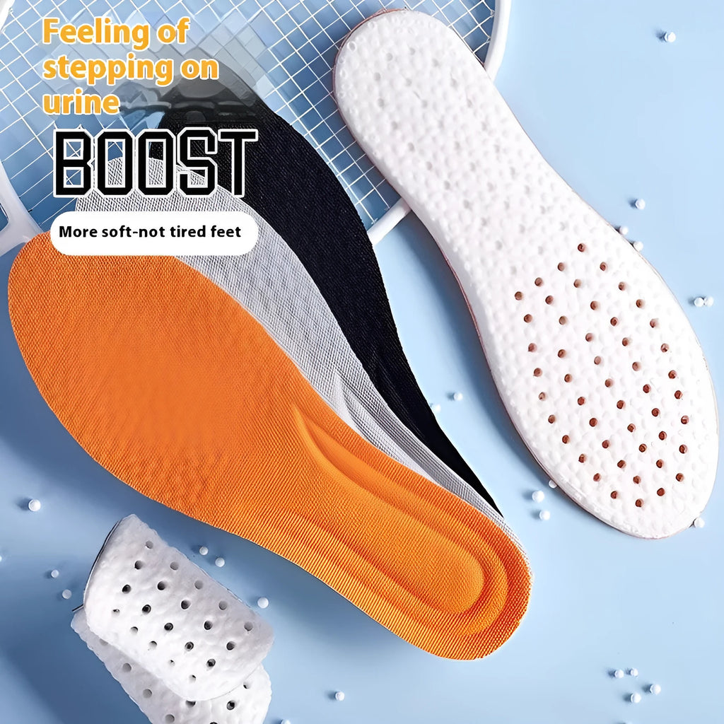 Grey, black, and orange breathable PU foam sports insoles laid flat, showing their cut-to-size design.