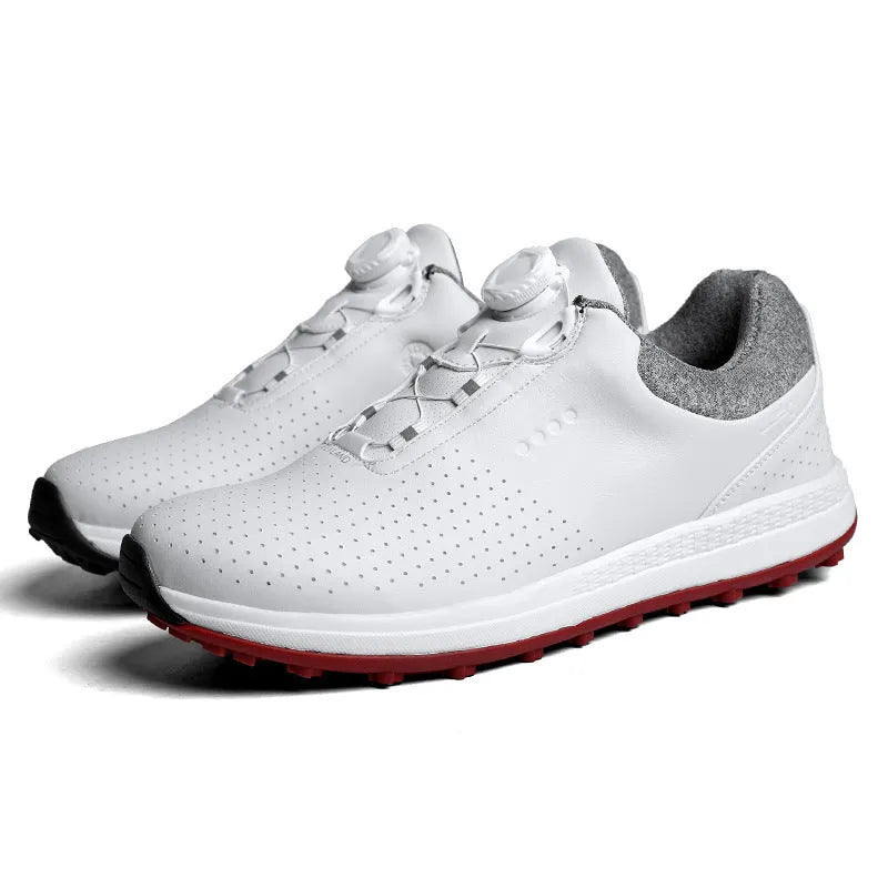 Men's white and black golf shoes with breathable design and non-slip sole for lawn courses