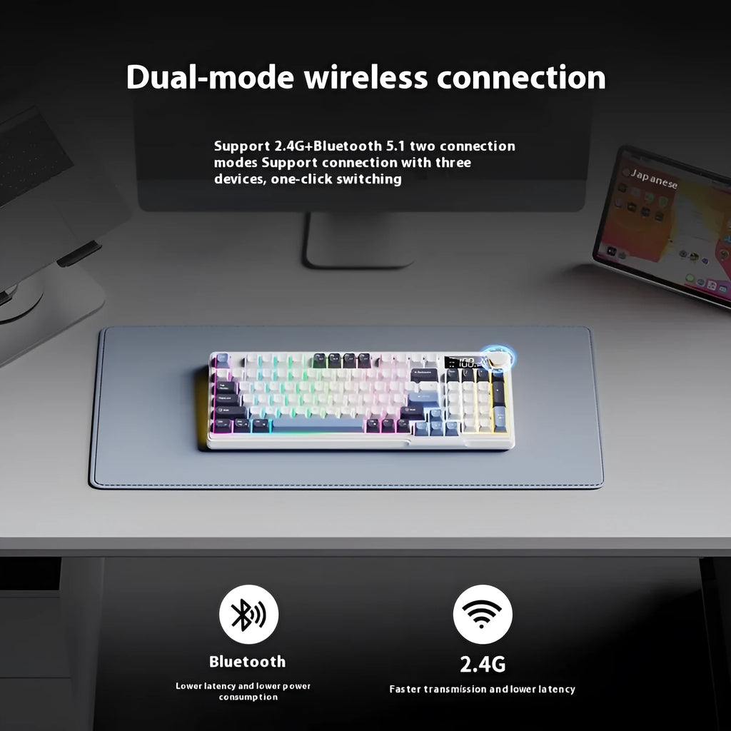 Blue white wireless mechanical keyboard and mouse combo with USB-C cable