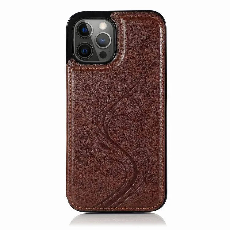 Butterfly embossed leather phone case, rear cover style, available in light purple, mint green, pink, and other colours.