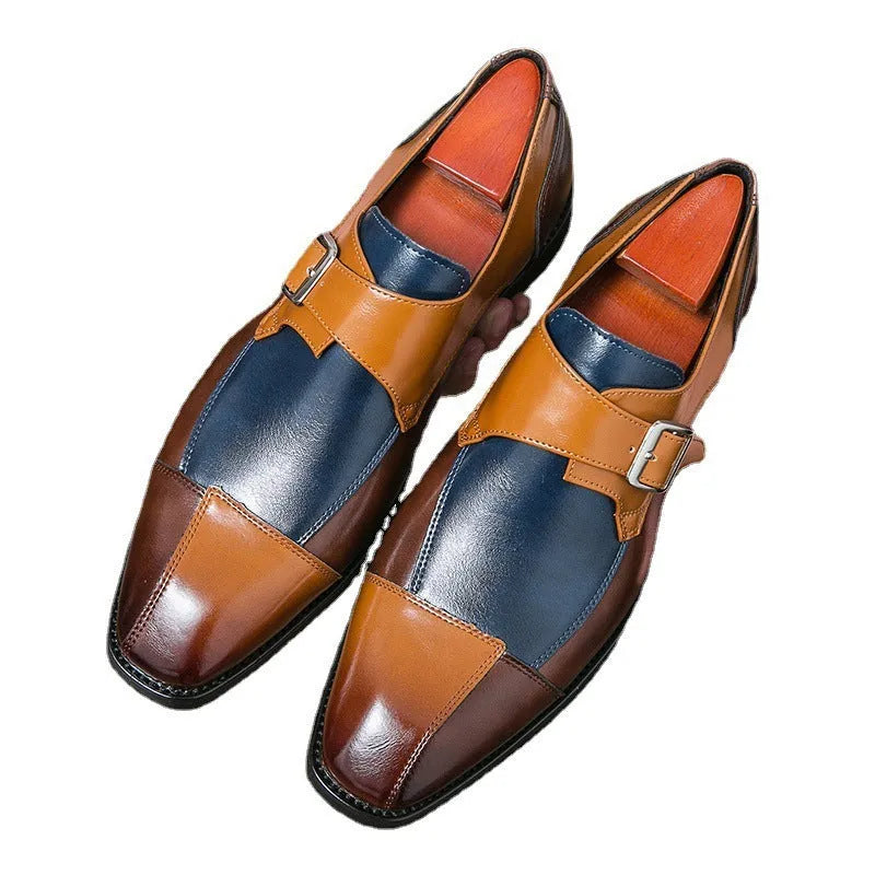 Men's British retro style casual leather shoes with buckle and tall crown upper in brown blue colour