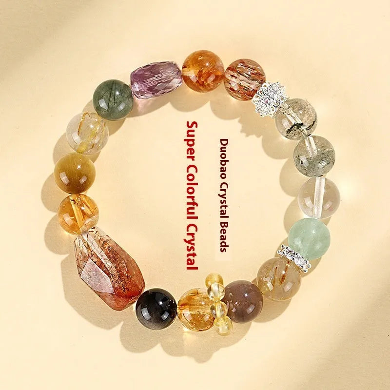 Women's natural crystal bracelet with string bead design in black and gold Duobao style