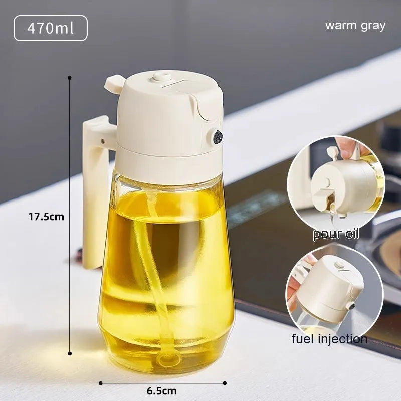 Glass oil sprayer and pour dispenser bottle in beige, yellow, green, or black with ergonomic handle.