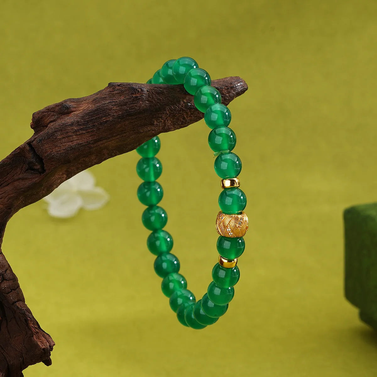 Green agate and sterling silver bracelet with geometric beads and gold electroplated details