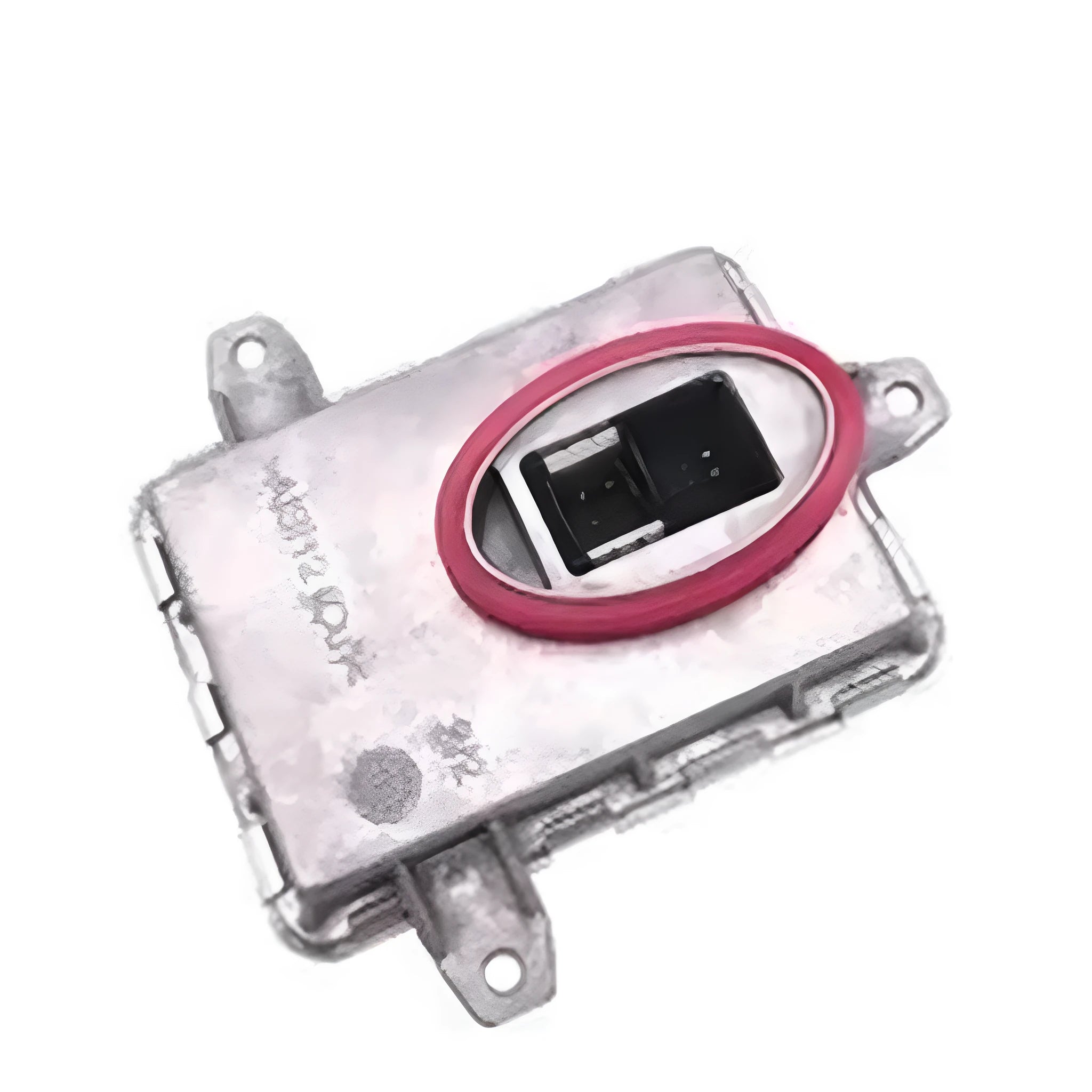 Metal headlight ballast replacement part measuring 14 by 11 by 4.5 centimetres.