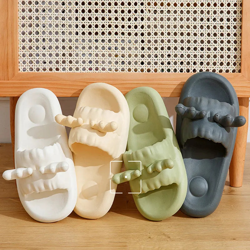 Cute deer horn design flip flop slippers in light yellow with a breathable hollow out EVA upper.