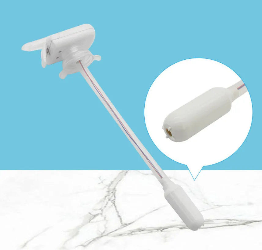 Electric beverage pumping device with a long silicone straw, shown with blue and white handle options.
