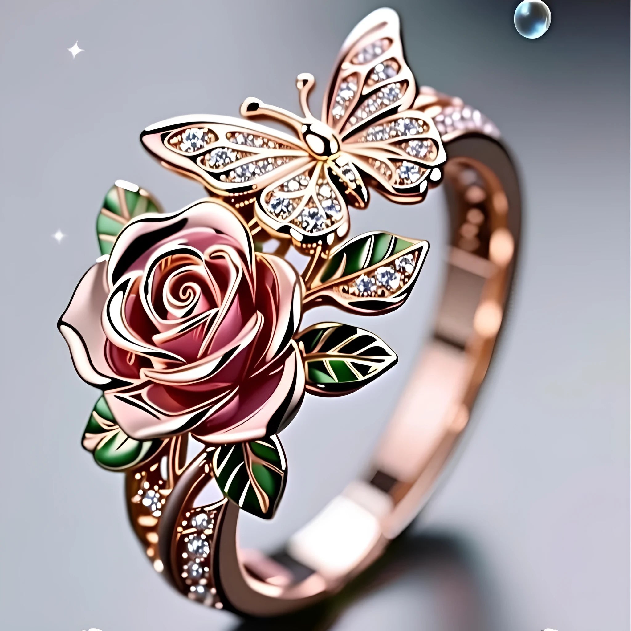 Colourful oil drip finish fairy style alloy ring with butterfly and floral motifs on an adjustable band.