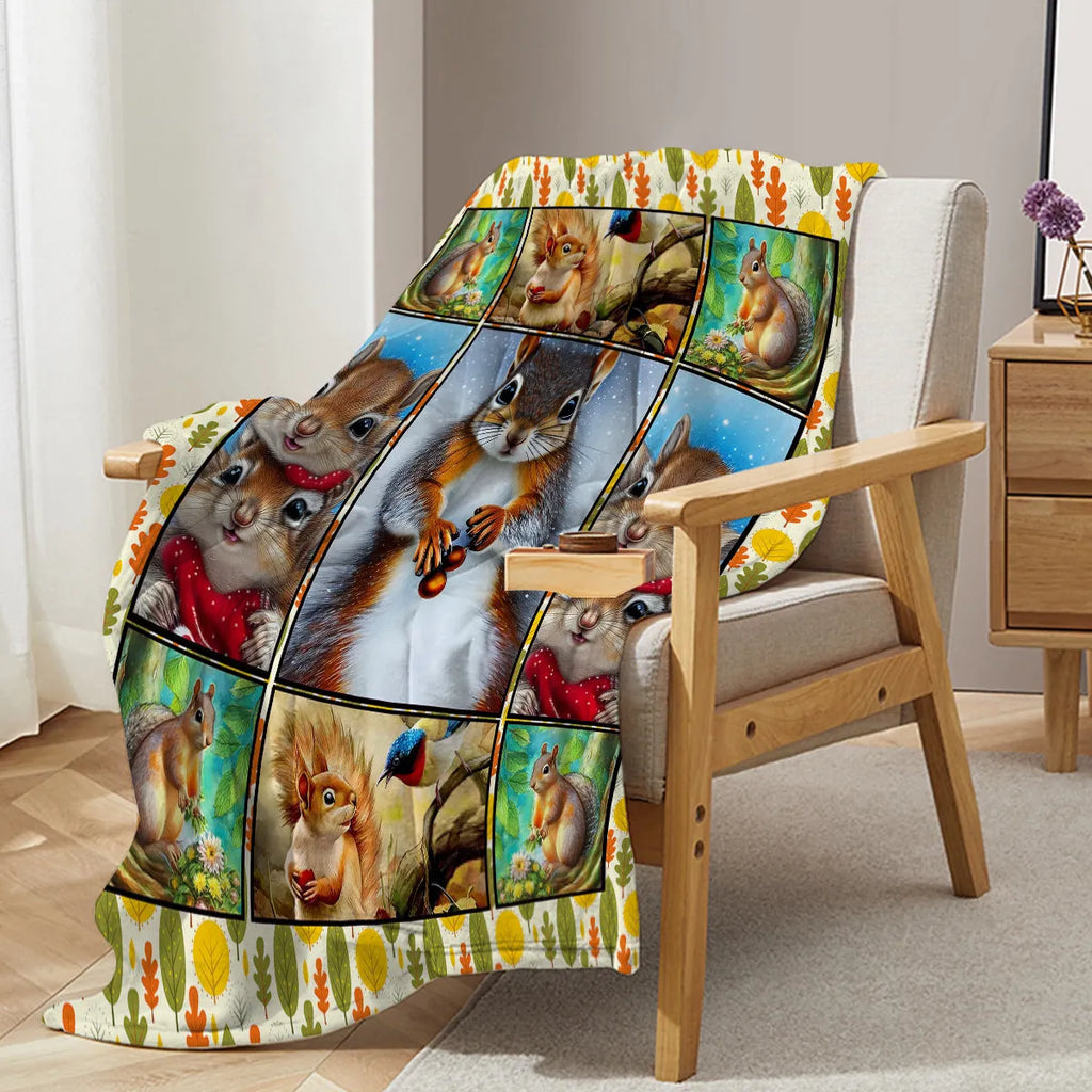Flannel white bellied squirrel printed blanket in yellow with squirrel pet theme design
