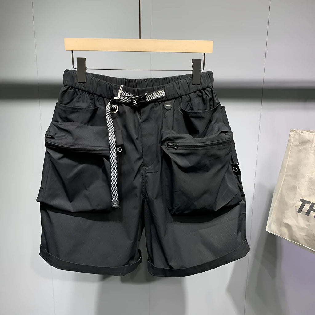 Men's large size work shorts in black with elastic waist and pockets