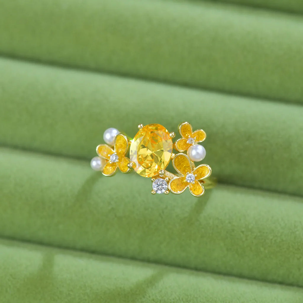 Women's flower pearl zircon open ring in yellow and light purple colours with floral design