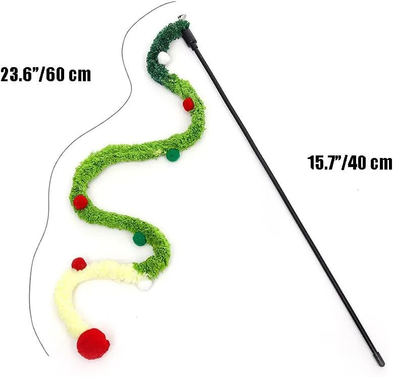 Blue interactive cat teaser wand with long plush strip, fluffy ball, and bell on a 41cm pole.