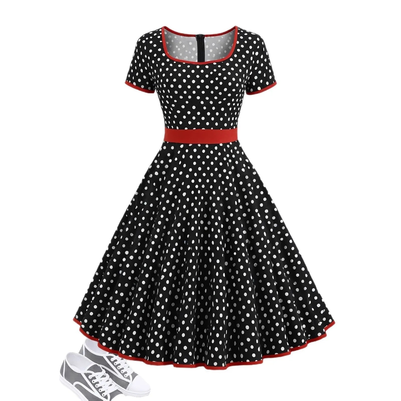 Multicolour polka dot pleated dress with square collar and short sleeves on a hanger.