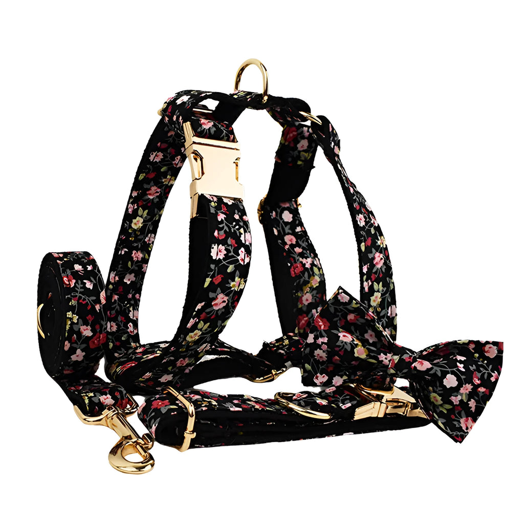 Dog wearing four-piece cloth accessory set with collar, leash, vest, and removable bow with lettering print