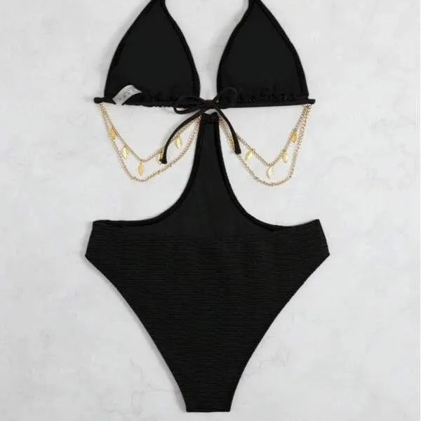 Women's black bikini swimsuit with chain detail on the front.