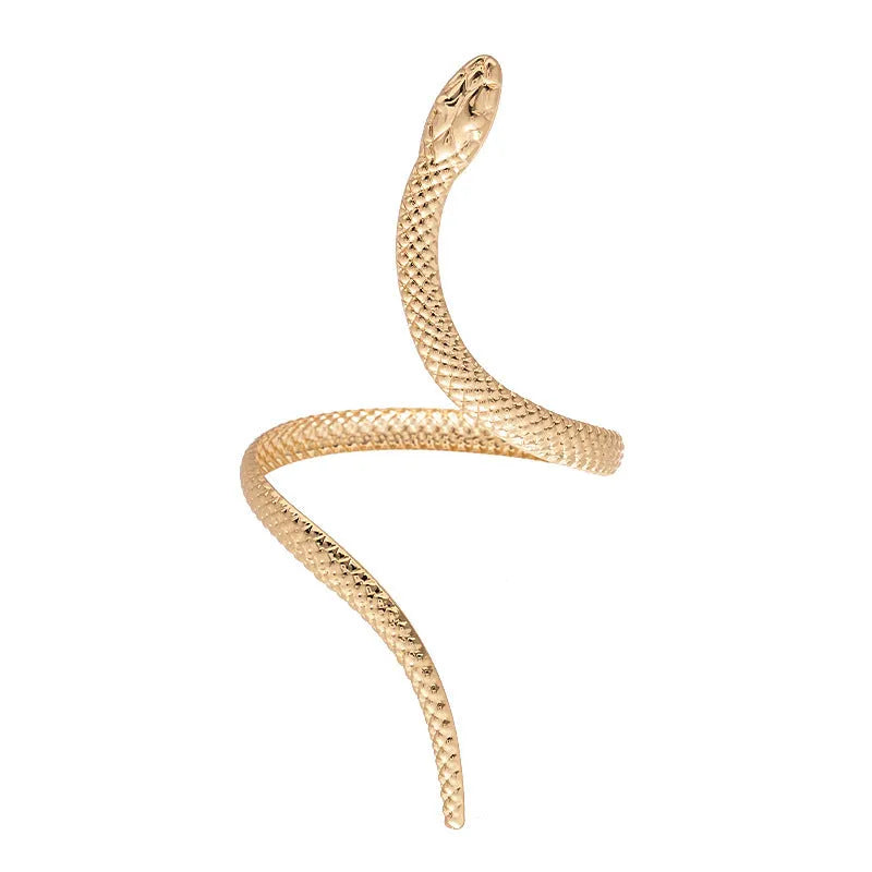 Gold exaggerated twisted winding open snake ring and bracelet jewellery set on white background.