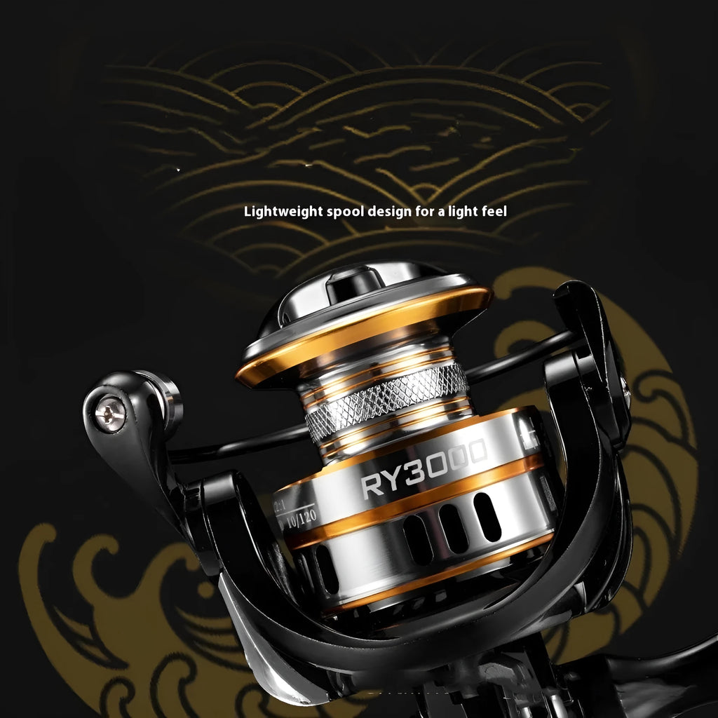 All-metal spinning fishing reel with EVA grip handle on a grey background