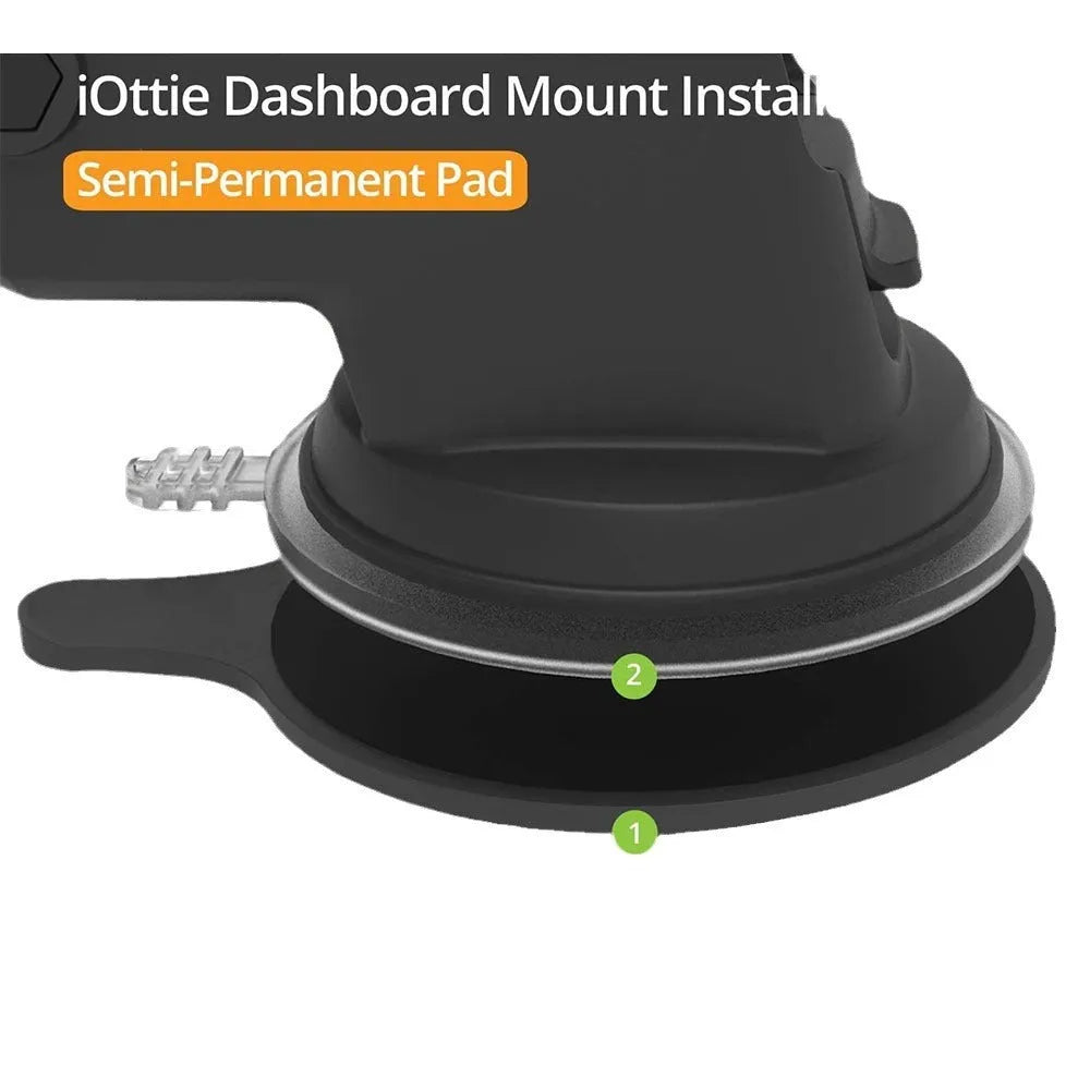 Black retractable suction cup car phone holder mounted on car dashboard