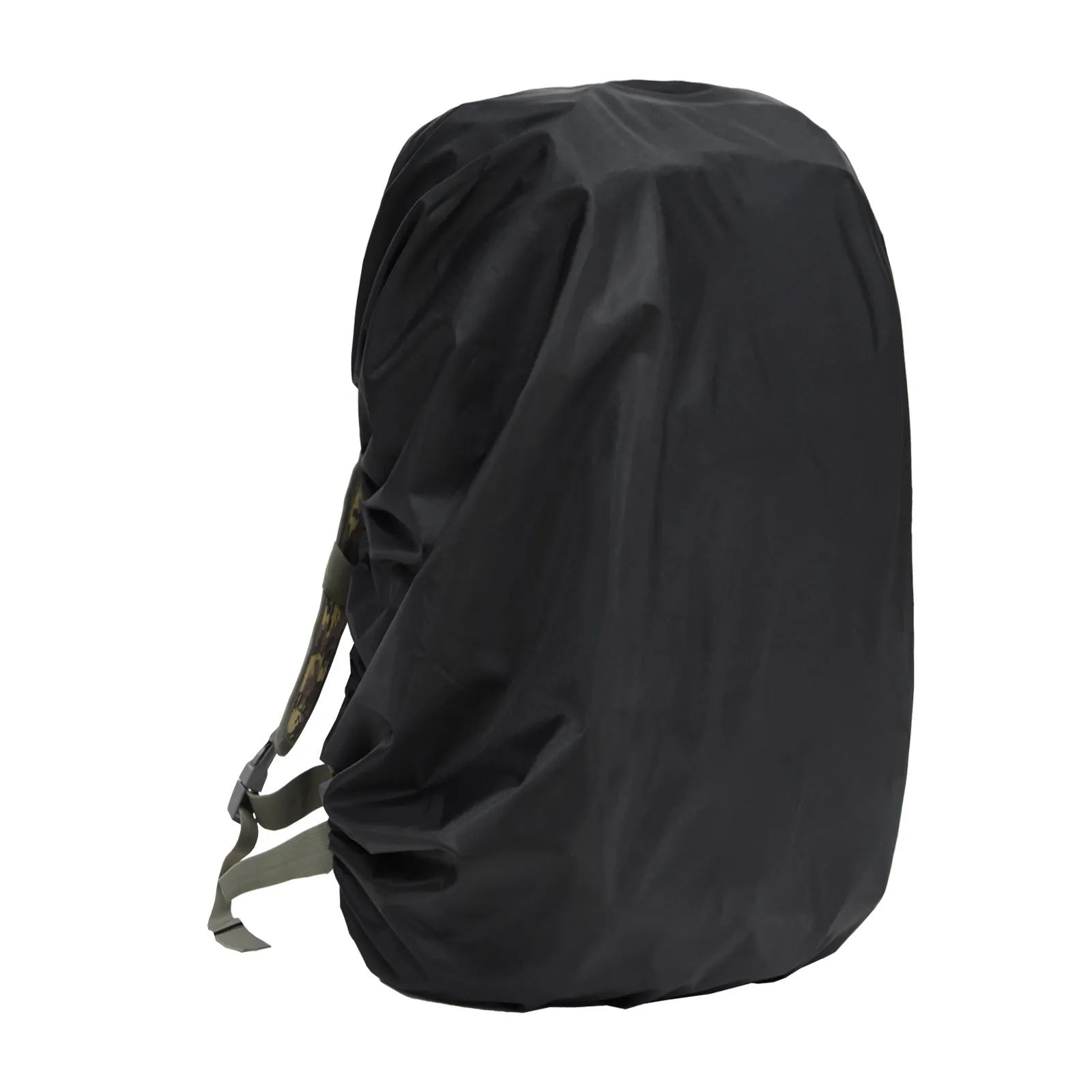 80-litre capacity backpack rain cover in Army Green colour laid flat.