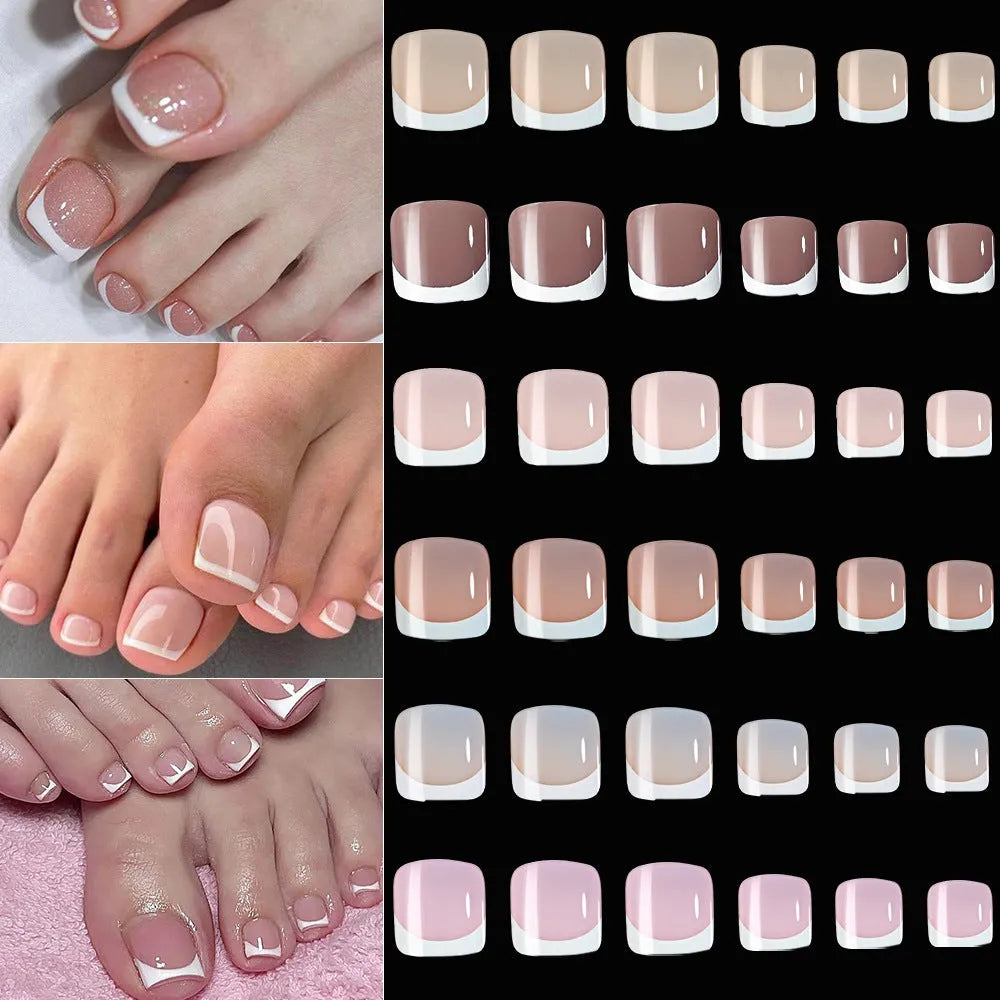120 piece box of French white edge nude full square short press-on nails in nine colour shades