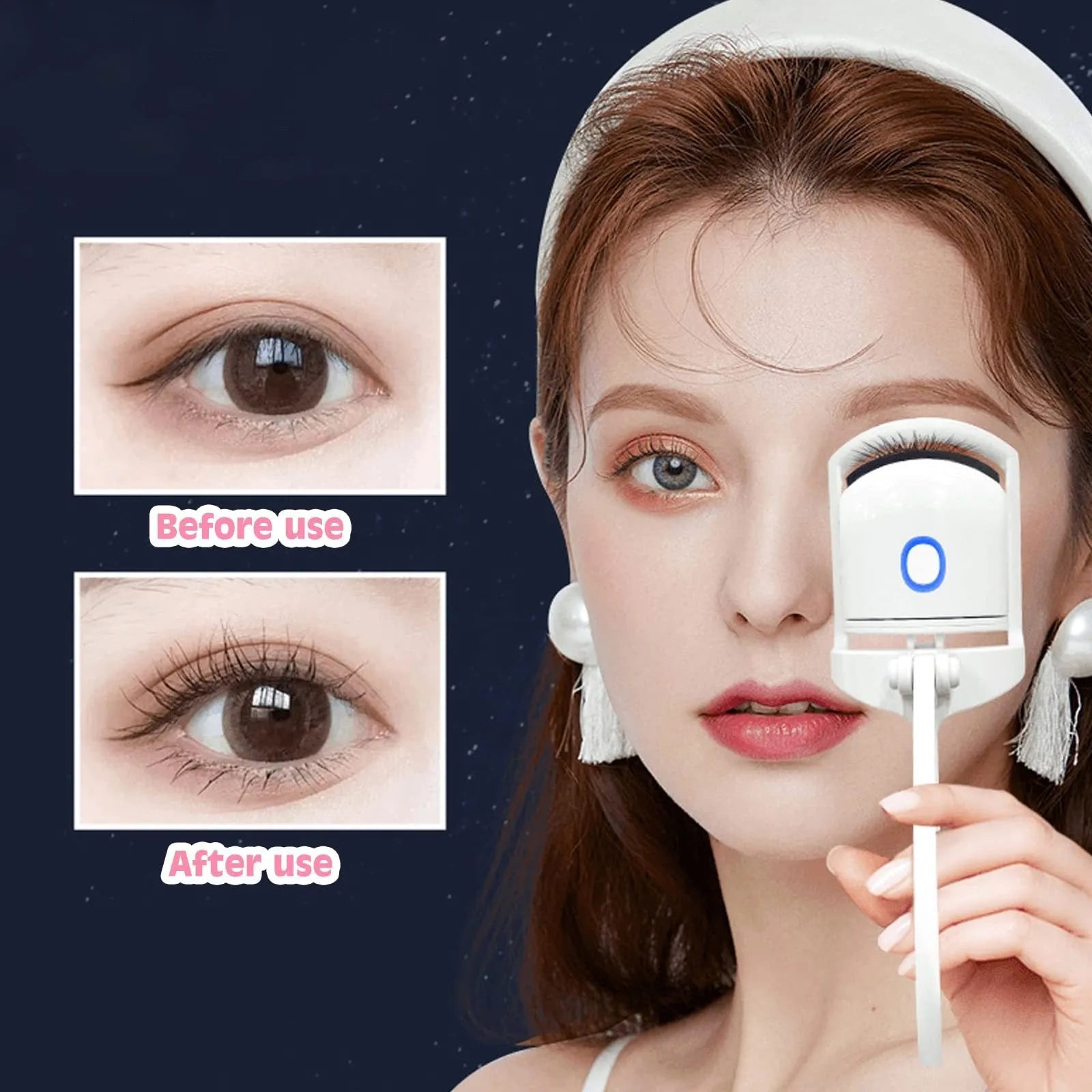 White USB rechargeable heated eyelash curler with dual temperature settings shown on a pink background.