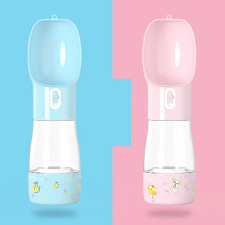 Portable dog travel cup with 258ML water and 200ML food sections, 255MM long, 70MM base, PC and ABS, printed style