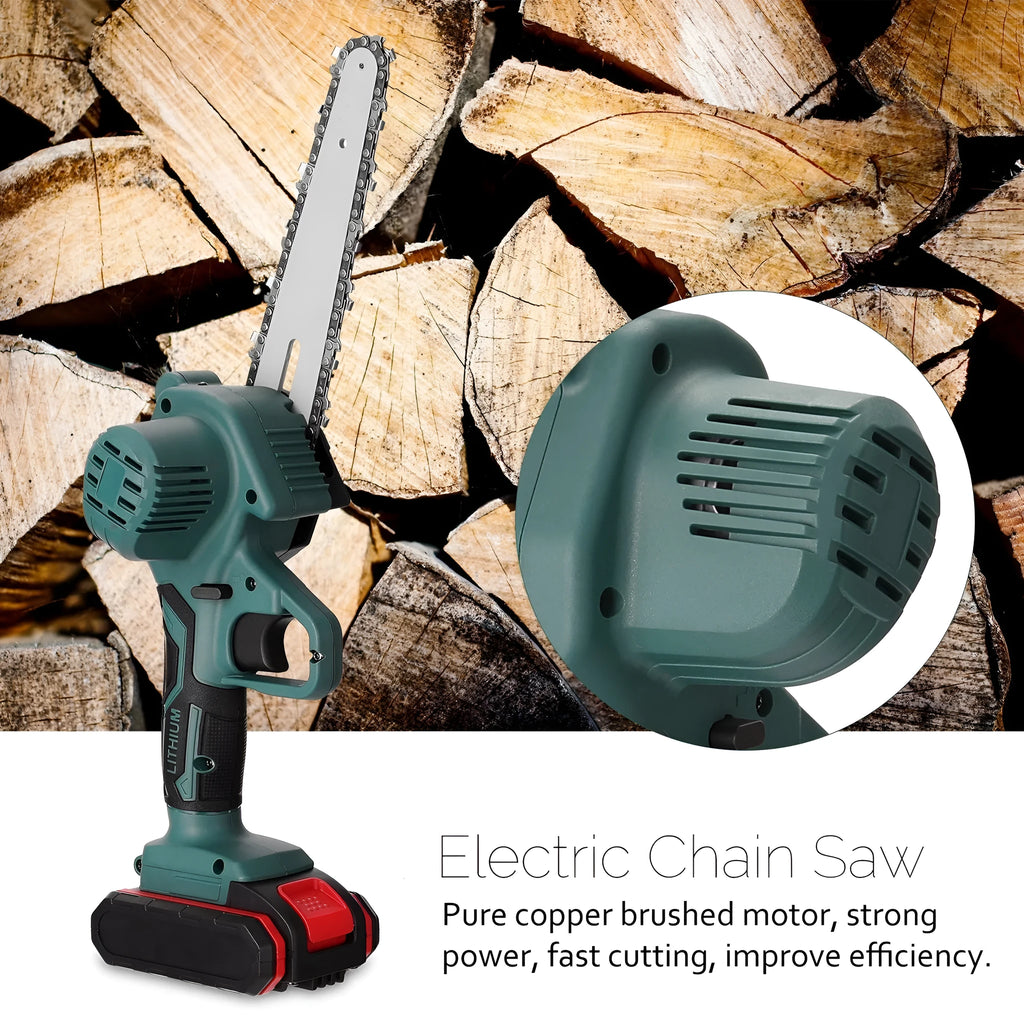 Black mini electric chainsaw with 4-inch guide plate showing compact one-handed design for portable wood cutting