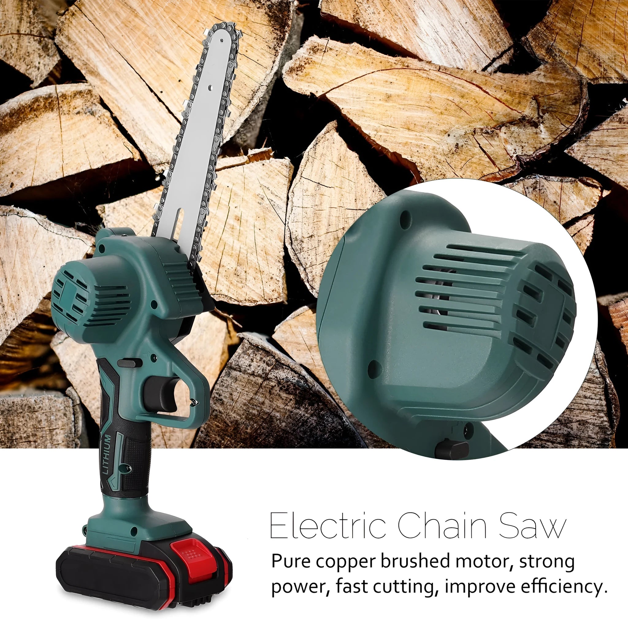 Black mini electric chainsaw with 4-inch guide plate showing compact one-handed design for portable wood cutting