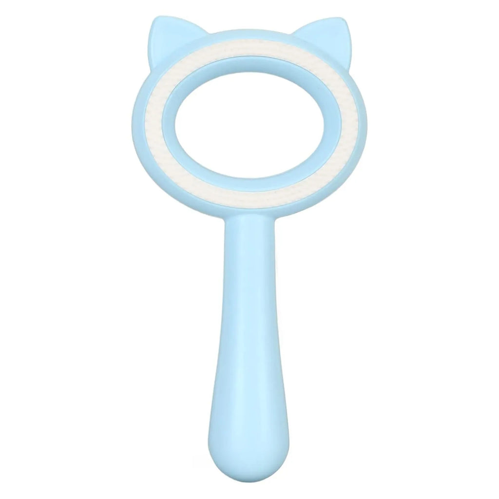 Blue and white double-sided pet grooming brush with deshedding teeth and massage comb