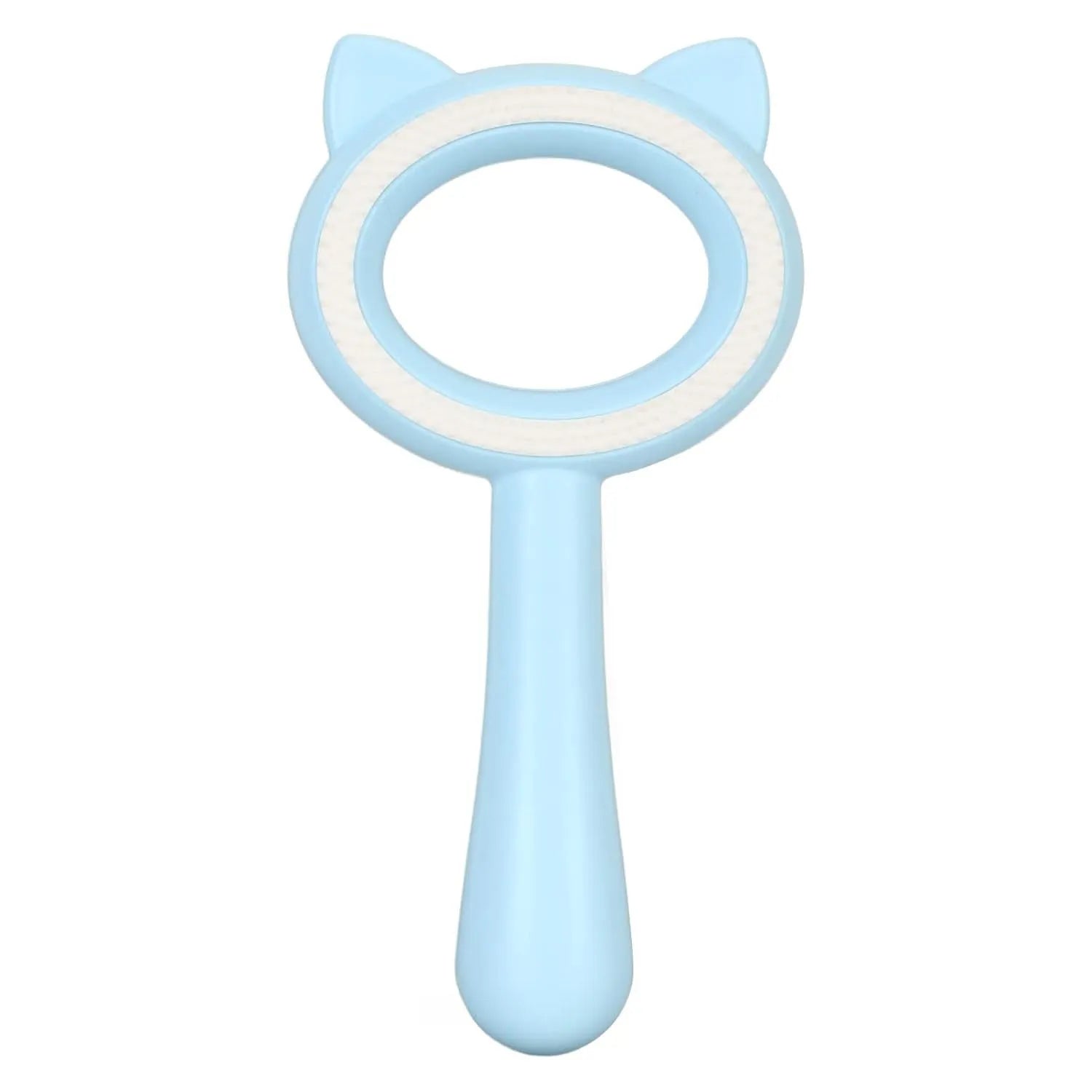 Blue and white double-sided pet grooming brush with deshedding teeth and massage comb
