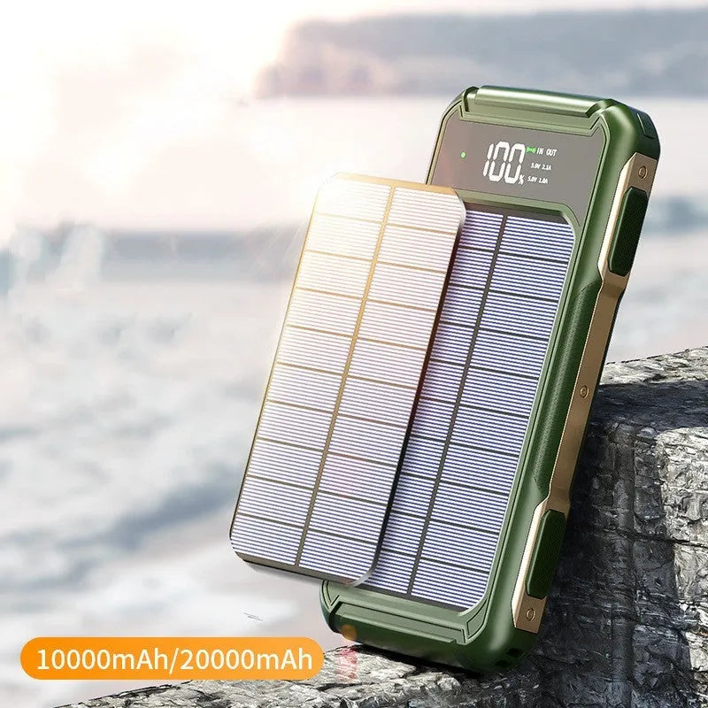 Black, green, and orange military grade mobile power bank showing front view with capacity options.