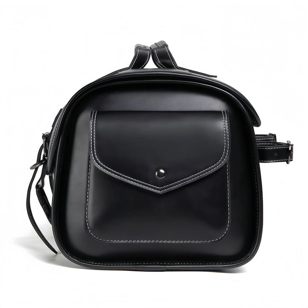 Dark punk motorcycle side bag with tail coded lock on cruiser motorcycle