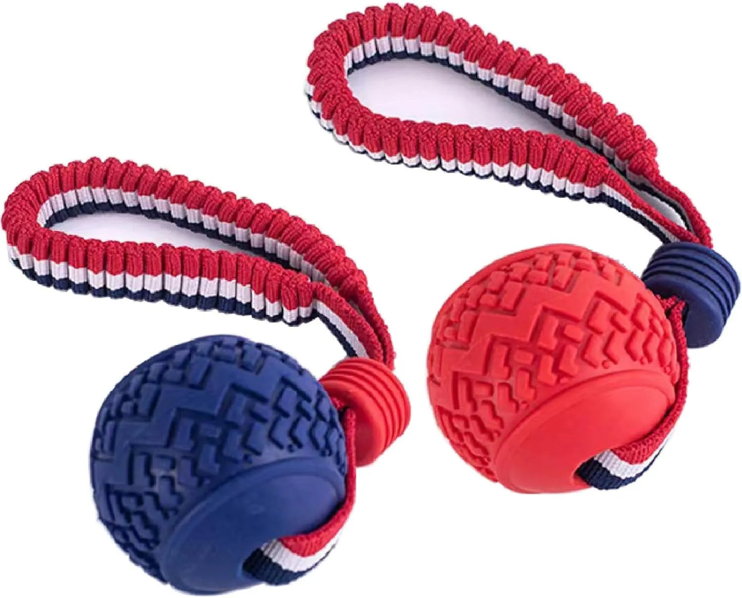 Red rubber dog ball with rope attachment showing textured surface and 29cm total length